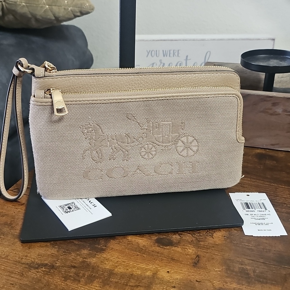 Coach Canvas Wristlet with Horse/Carriage Emboss...Dark Natural
